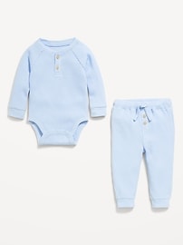 Image number 2 showing, Long-Sleeve Thermal-Knit Henley Bodysuit and Pants Set for Baby