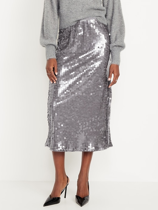 L'image numéro 2 présente Jupe droite mi-longue à taille haute à paillettes