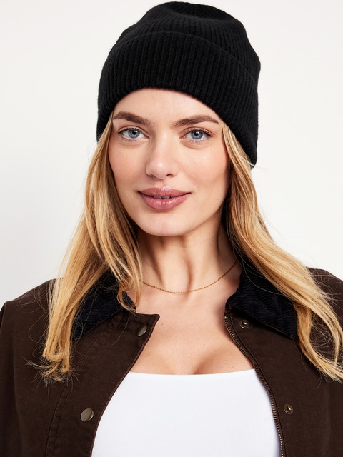 Bonnet à revers en tricot côtelé pour femme - Noir De Jais