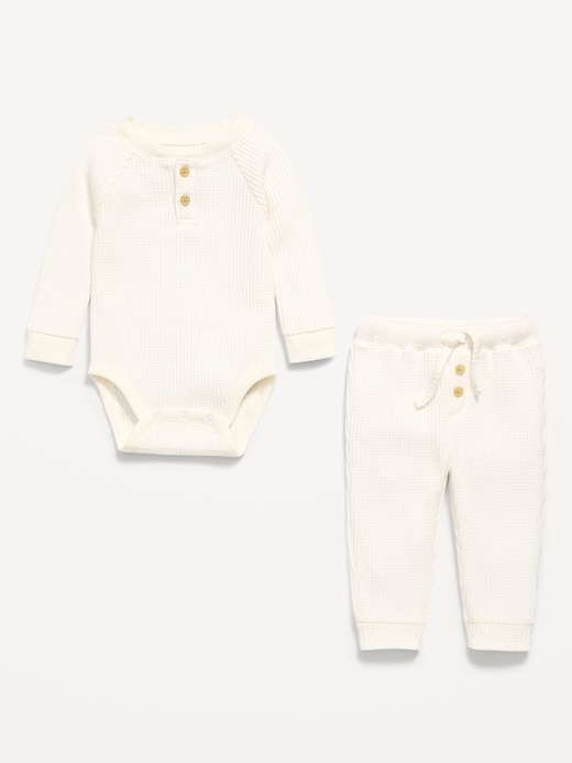 Image number 2 showing, Long-Sleeve Thermal-Knit Henley Bodysuit and Pants Set for Baby
