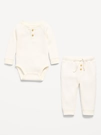 Image number 2 showing, Long-Sleeve Thermal-Knit Henley Bodysuit and Pants Set for Baby
