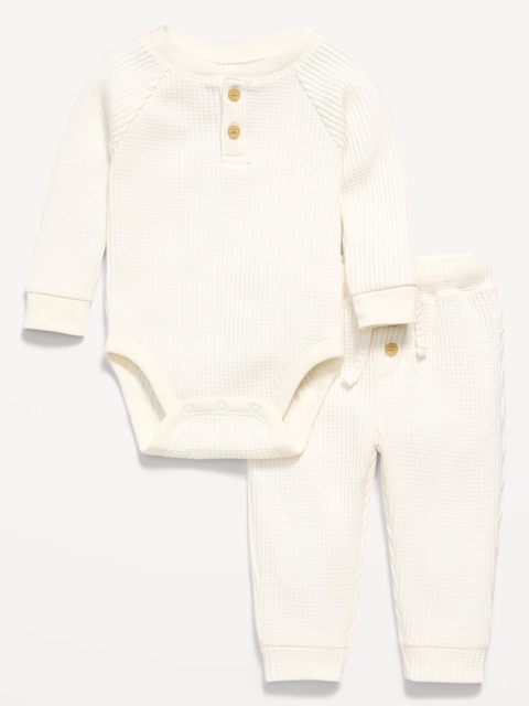 Long-Sleeve Thermal-Knit Henley Bodysuit and Pants Set for Baby