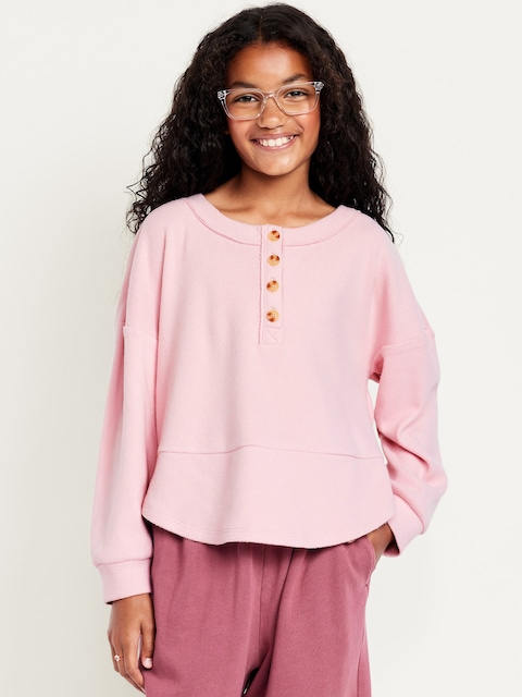 CozePlush Oversized Thermal-Knit Henley Top for Girls - Fairytale Rose