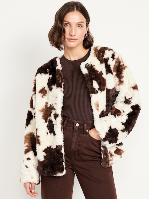 Printed Faux-Fur Jacket - Cow Print