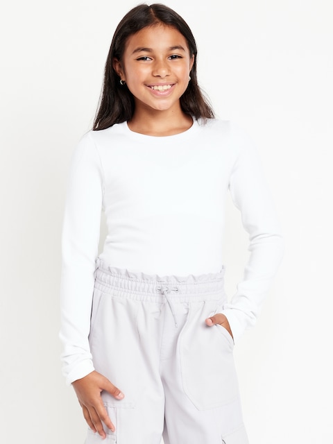 Fitted Seamless Long-Sleeve Ribbed Performance Top for Girls - Calla Lily White