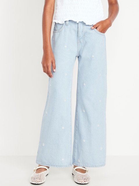 Jean brodé coupe généreuse jambe large à taille haute pour fille