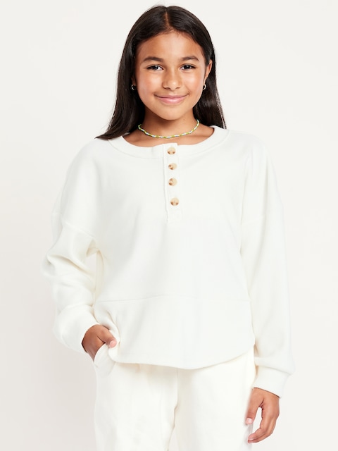 CozePlush Oversized Thermal-Knit Henley Top for Girls - Creme De La Creme
