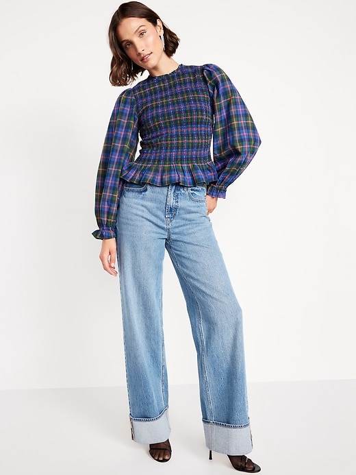 Image number 4 showing, Long-Sleeve Plaid Smocked Top