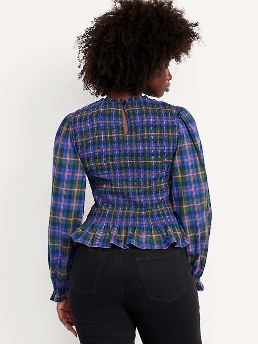 Image number 6 showing, Long-Sleeve Plaid Smocked Top