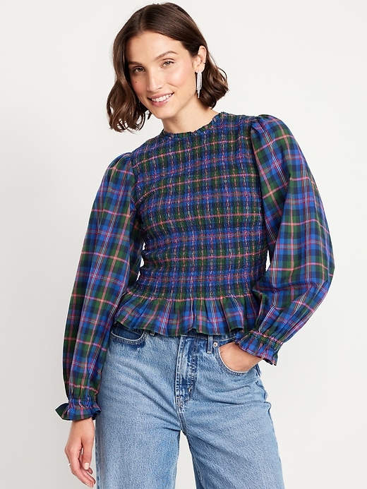 Image number 1 showing, Long-Sleeve Plaid Smocked Top