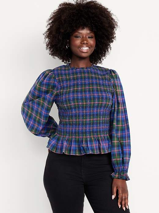 Image number 5 showing, Long-Sleeve Plaid Smocked Top