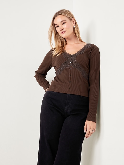 Image number 3 showing, Lace-Trim V-Neck Ribbed Top