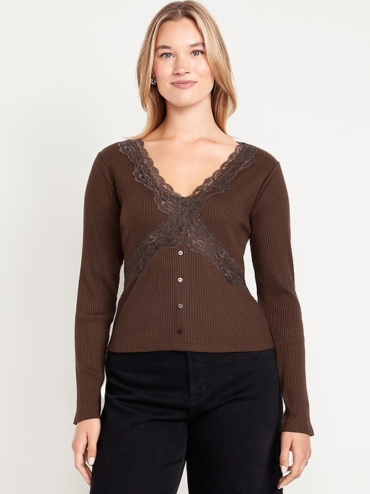 Image number 6 showing, Lace-Trim V-Neck Ribbed Top