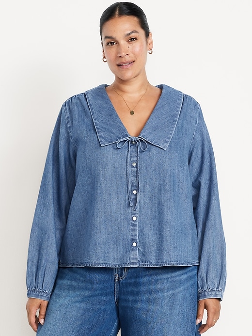 Image number 5 showing, Long-Sleeve Button-Down Cropped Denim Shirt