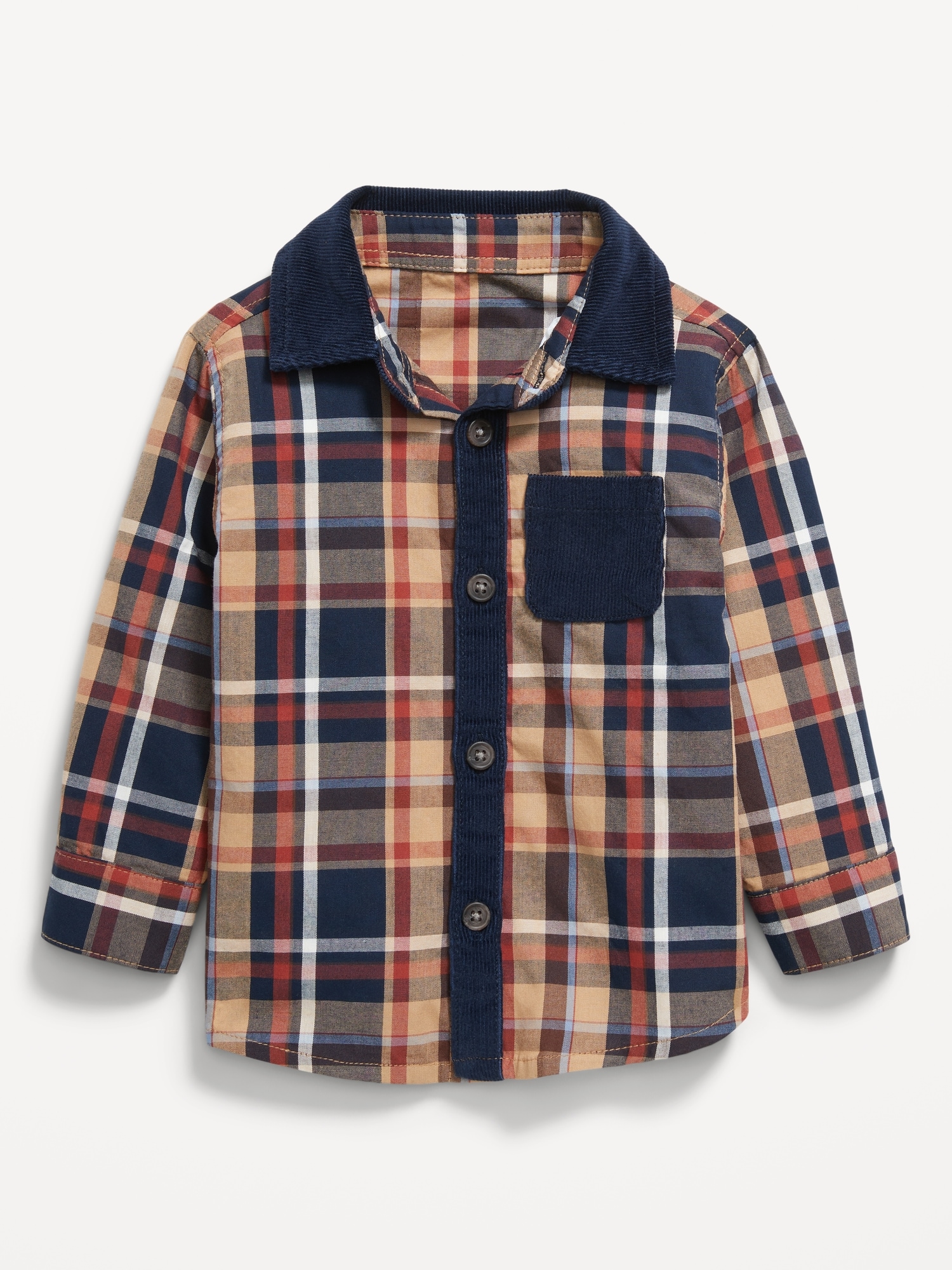 Long-Sleeve Plaid Corduroy-Trim Pocket Shirt for Baby