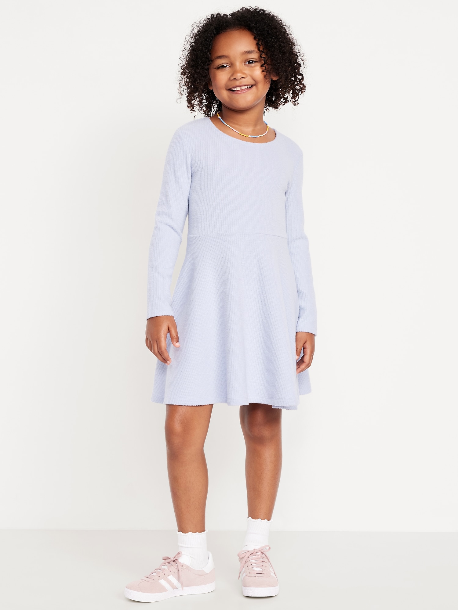 Cozy Long-Sleeve Ribbed Fit and Flare Dress for Girls