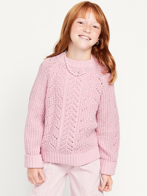 Long-Sleeve Pointelle Knit Sweater for Girls - Bilberry