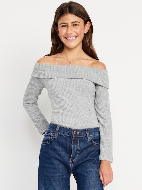 CozePlush Off-Shoulder Long-Sleeve Ribbed Top for Girls - Heather Grey