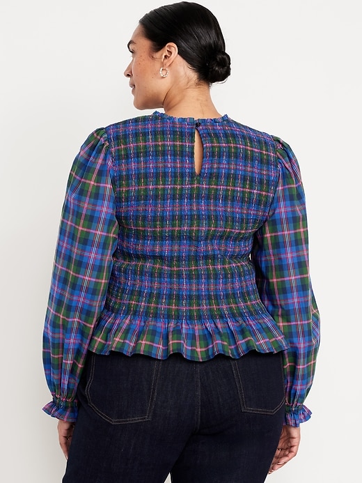 Image number 8 showing, Long-Sleeve Plaid Smocked Top