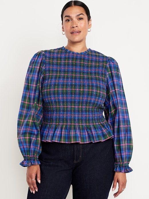 Image number 7 showing, Long-Sleeve Plaid Smocked Top