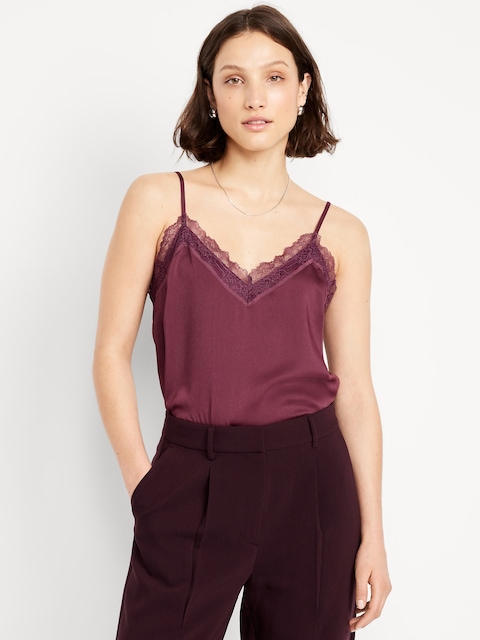 Lace-Trim Satin Cami Top - Cherry Bark