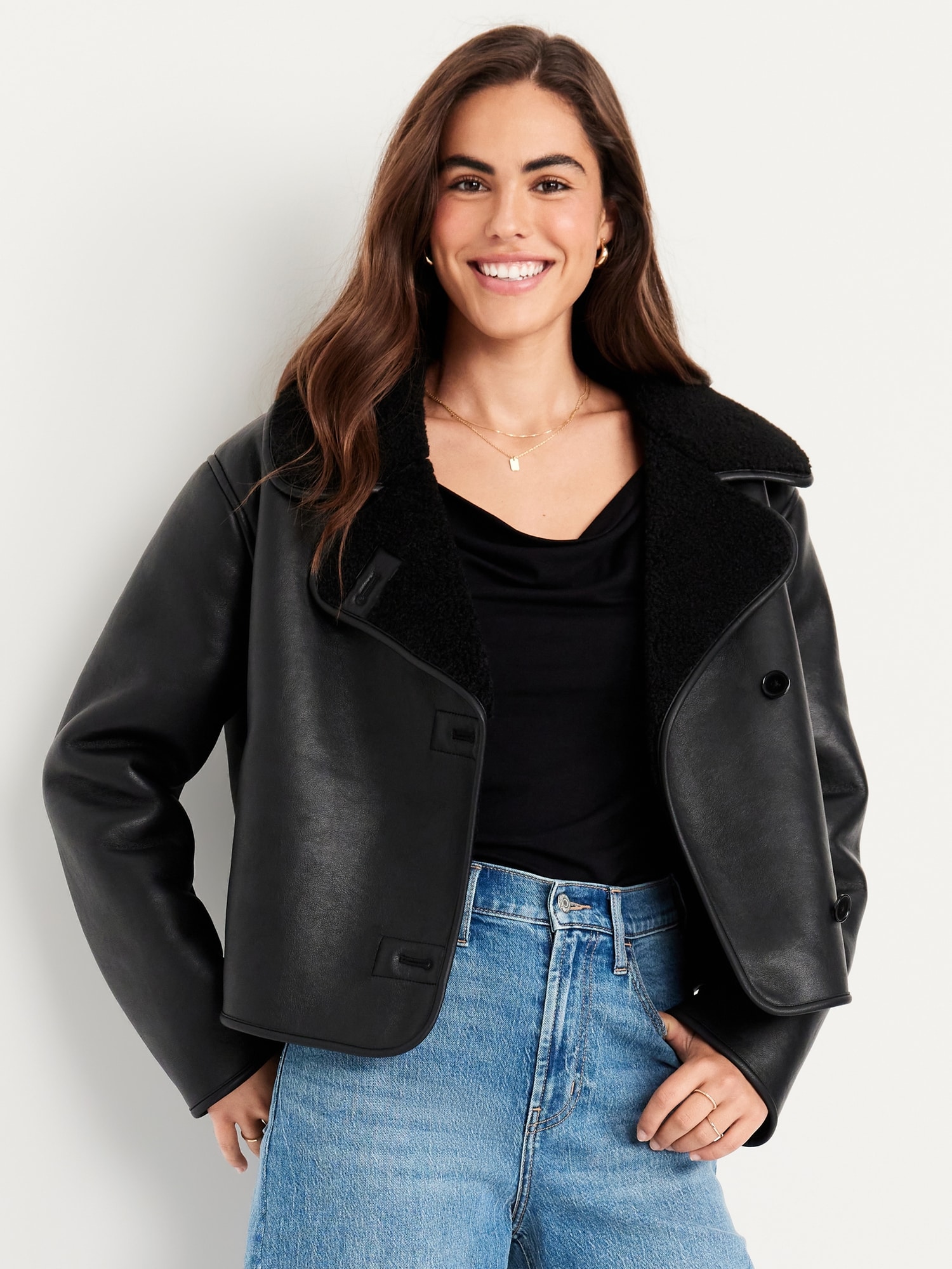 Oversized Faux-Leather Sherpa Jacket