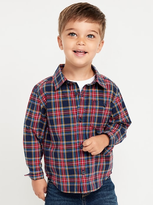 Image number 1 showing, Long-Sleeve Plaid Poplin Pocket Shirt for Toddler Boys