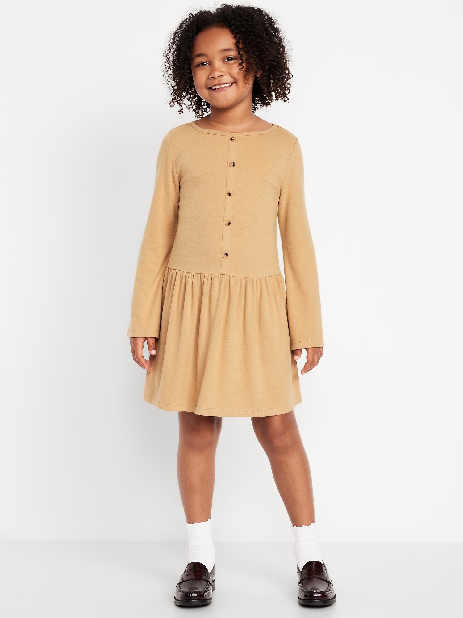 Long-Sleeve Button-Front Fit and Flare Dress for Girls