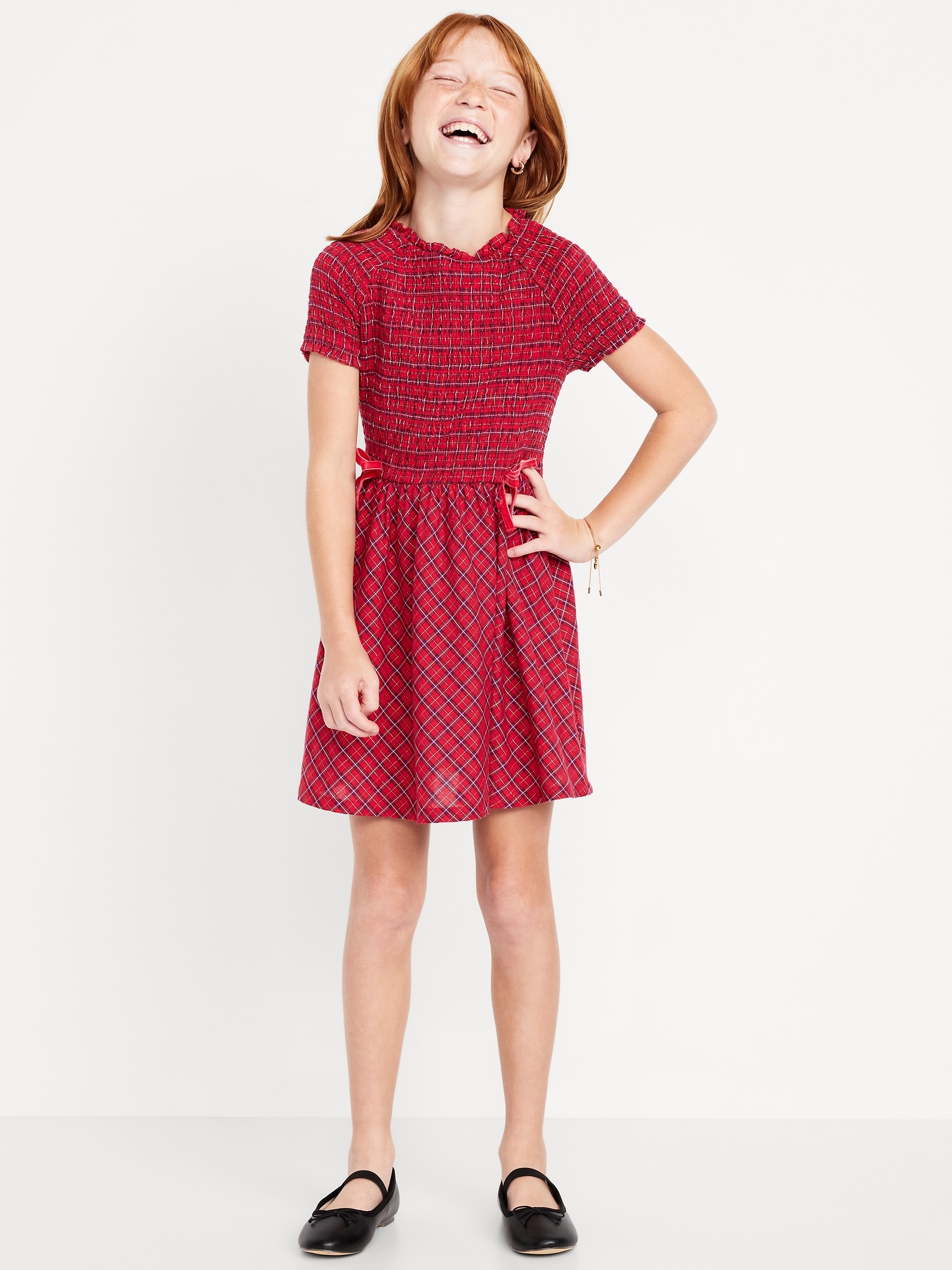 Short-Sleeve Fit and Flare Smocked Bow Dress for Girls