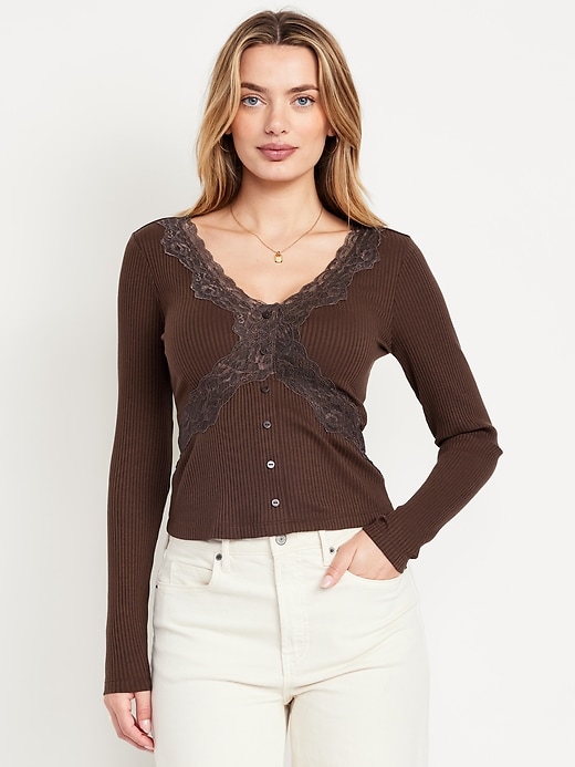 Image number 1 showing, Lace-Trim V-Neck Ribbed Top