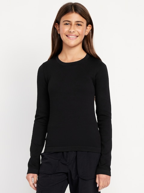 Fitted Seamless Long-Sleeve Ribbed Performance Top for Girls - Black Jack
