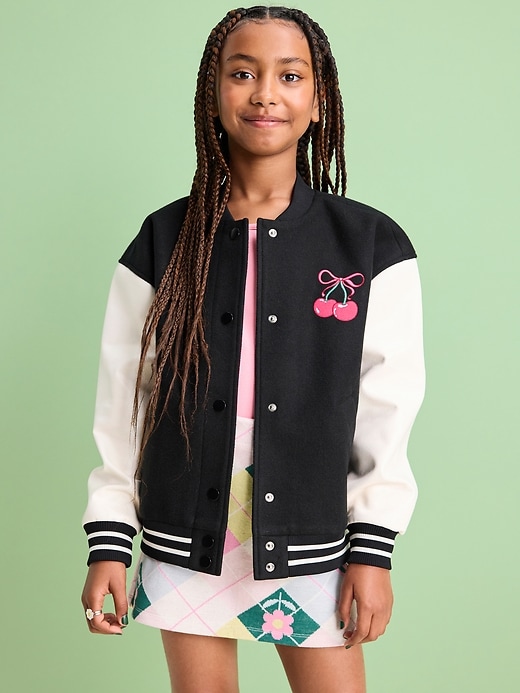 Image number 1 showing, Loose Button-Front Letterman-Style Bomber Jacket for Girls