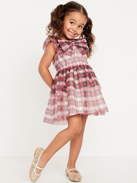 Robe étagée en tulle à manches flottantes pour Toute-petite - Carreaux Verts Et Rouges