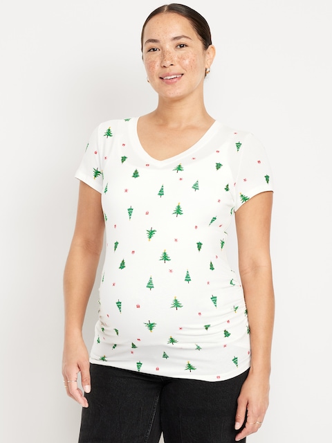 T-shirt passe-partout à col en V de maternité - Arbre De Noël Blanc