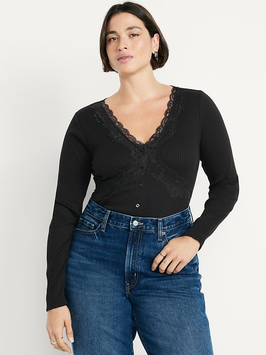 Image number 6 showing, Lace-Trim V-Neck Ribbed Top