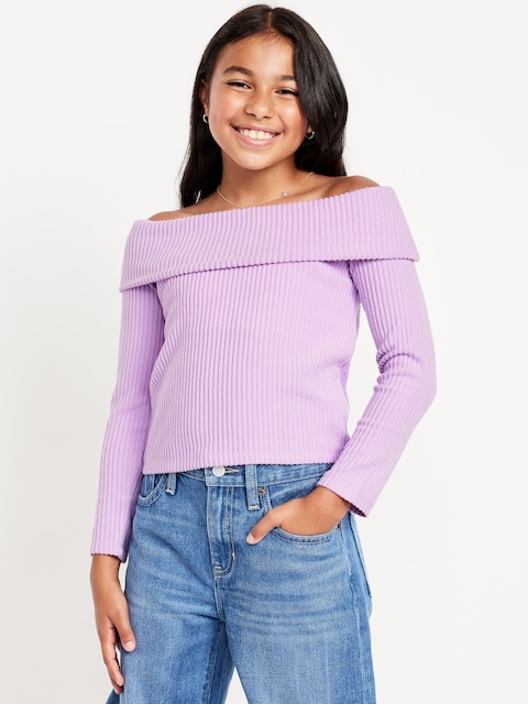 CozePlush Off-Shoulder Long-Sleeve Ribbed Top for Girls - Clary Sage