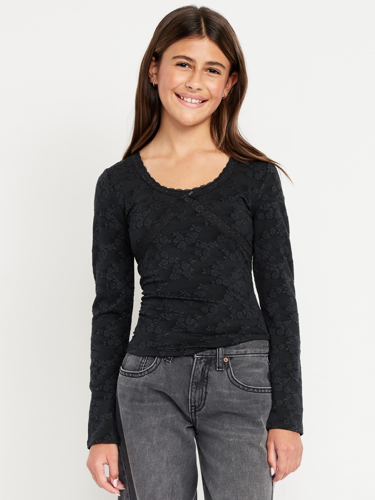 Fitted Long-Sleeve Lace-Trim Top for Girls