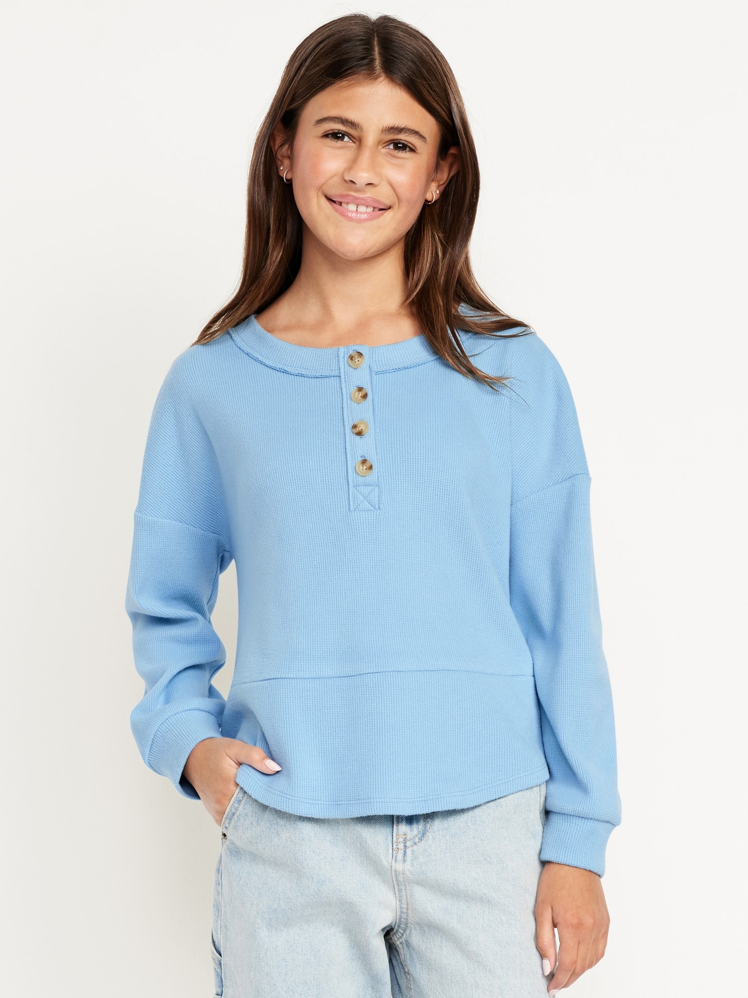 CozePlush Oversized Thermal-Knit Henley Top for Girls