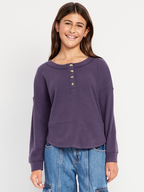 CozePlush Oversized Thermal-Knit Henley Top for Girls - Purple Maxine
