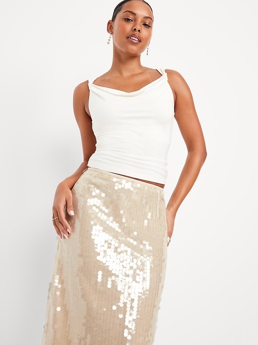 L'image numéro 3 présente Jupe droite mi-longue à taille haute à paillettes