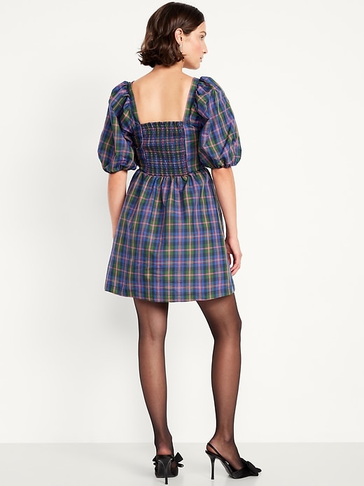 Puff-Sleeve Plaid Fit & Flare Taffeta Mini Dress