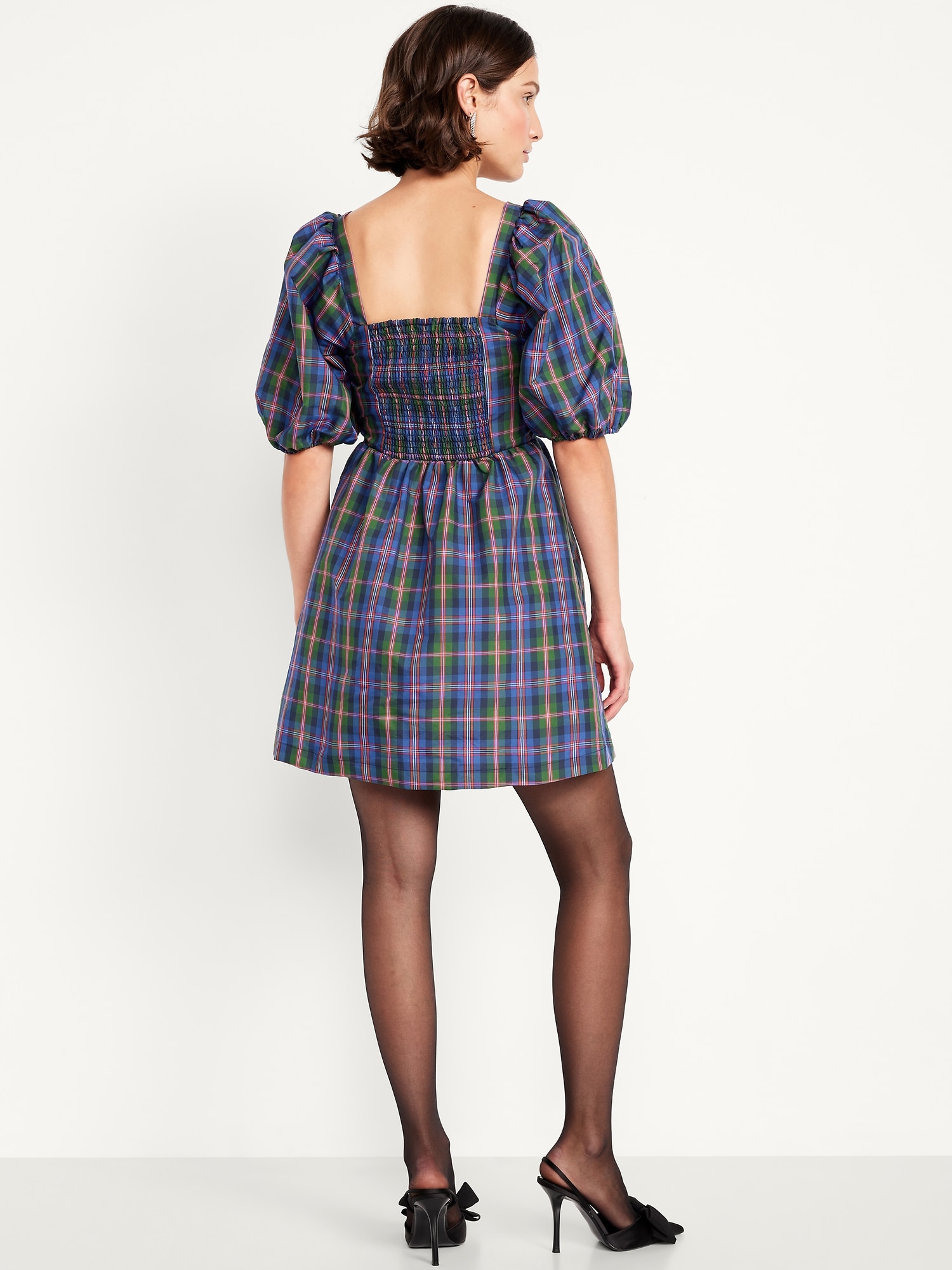 Puff-Sleeve Plaid Fit & Flare Taffeta Mini Dress