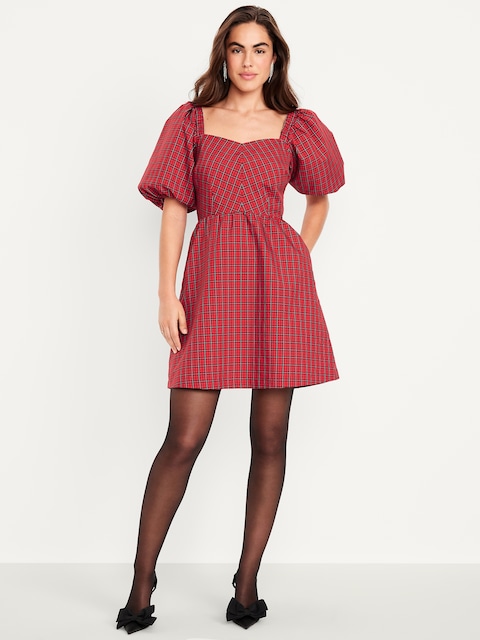 Robe courte ajustée et évasée en taffetas à carreaux à manches bouffantes - Petits Carreaux Rouges
