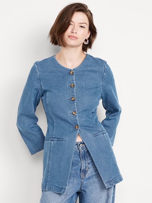 L'image numéro 1 présente Blazer ajusté sans col en denim