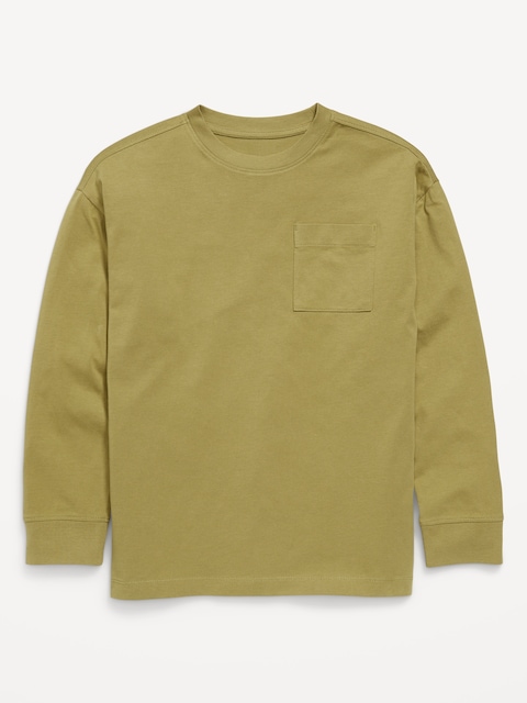 Oversized Long-Sleeve Pocket T-Shirt for Boys - Olive Tapenade