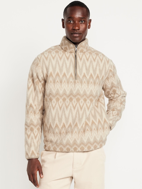 Printed Sherpa Quarter-Zip Pullover - Gray Fair Isle