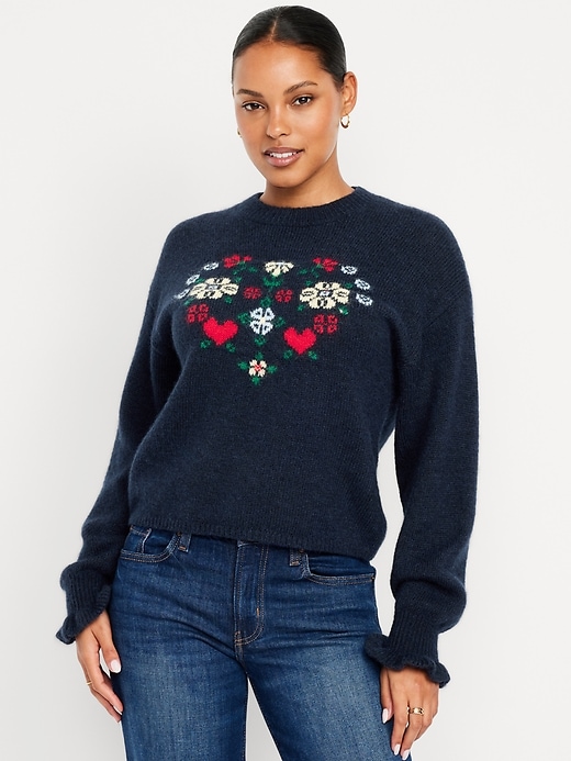 Image number 1 showing, Loose Crew-Neck Wool-Blend Graphic Cropped Sweater
