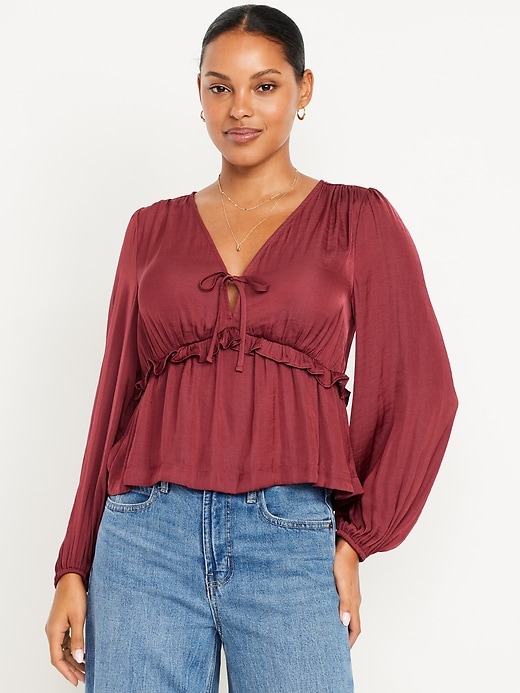 Image number 1 showing, Satin Ruffle Tie-Front Top
