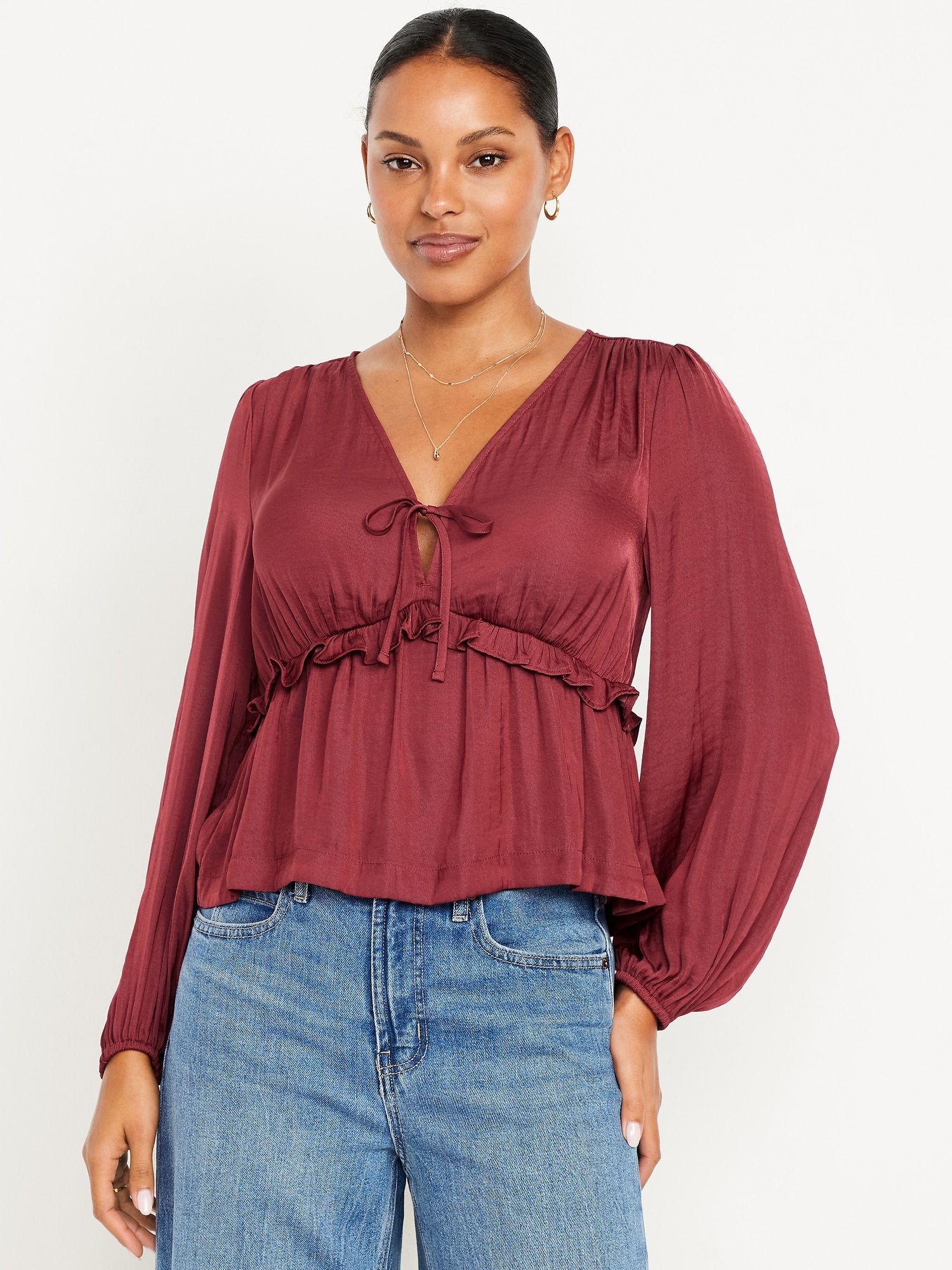 Satin Ruffle Tie-Front Top