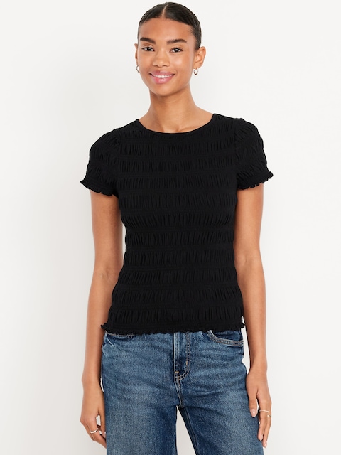 Slit-Neck Smocked Top - Black Jack